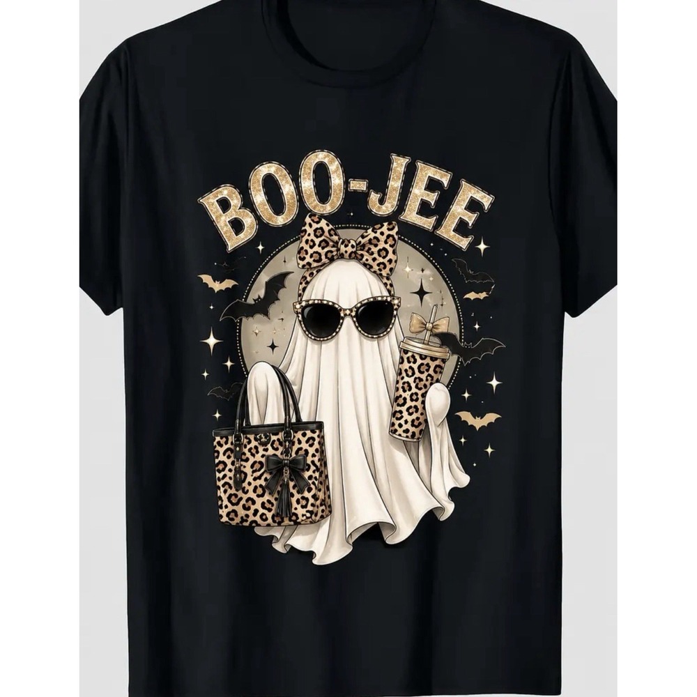 Ghost Boo Jee Black T-Shirt Women XL Leopard Print Halloween Graphic Tee